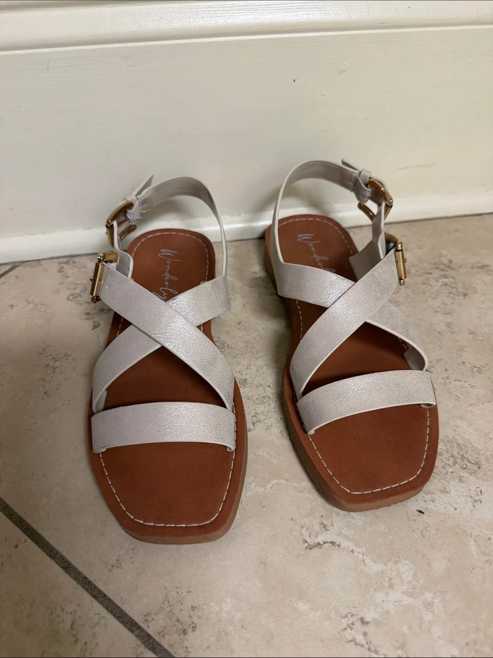 Lena Metallic Cream Crisscross Flat Sandal with Gold Buckles